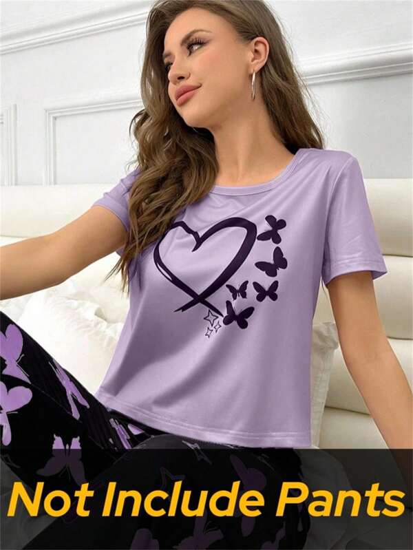 SHEIN 1pc Women Butterfly & Heart Print Short Sleeve Sleepwear Top
