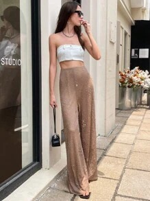 Chiquease Pantalones elegantes de vacaciones bohemios de malla con cuentas y de alta elasticidad para mujer - Marrón - Ver 6