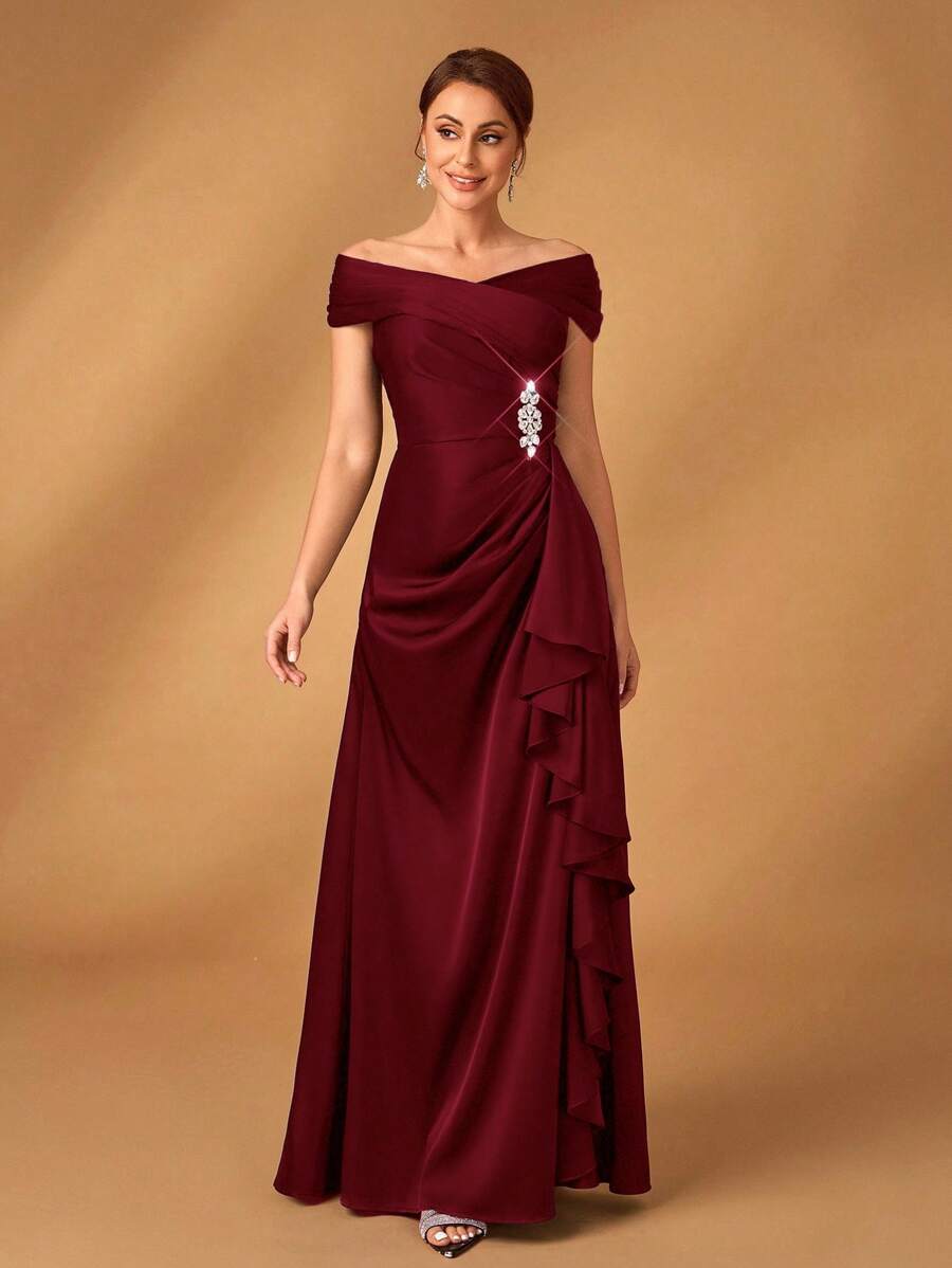 Serin Elegant Satin Off Shoulder Pleated A-Line Asymmetric Ruffle Hem Dress, Suitable For Evening Party, Gala, Wedding, Bride Mother Formal Wear