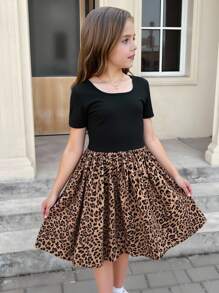 SHEIN Serisse Kids 青少年女孩休闲时尚百搭针织拼接豹纹方领短袖束腰紧身连衣裙，适合周末和休闲外出，秋冬季 - 黑色 - 查看 2