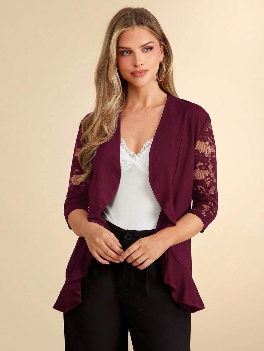 SHEIN Clasi 女士撞色蕾丝荷叶边领黑色夹克 - 酒紅色 - 查看 1