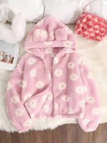 SHEIN 少女休闲双面豹纹保暖加厚泰迪绒连帽外套，带可爱3D耳朵设计，秋冬季