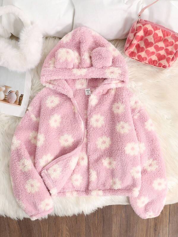 SHEIN Tween Girls' Casual Reversible Leopard Print Thermal Lined Thick Teddy Fleece Hoodie Jacket With Cute 3D Ear Design, Autumn/Winter Fall