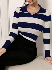 Modelyn 女士条纹领长袖休闲百搭毛衣 - 藏蓝色 - 查看 5