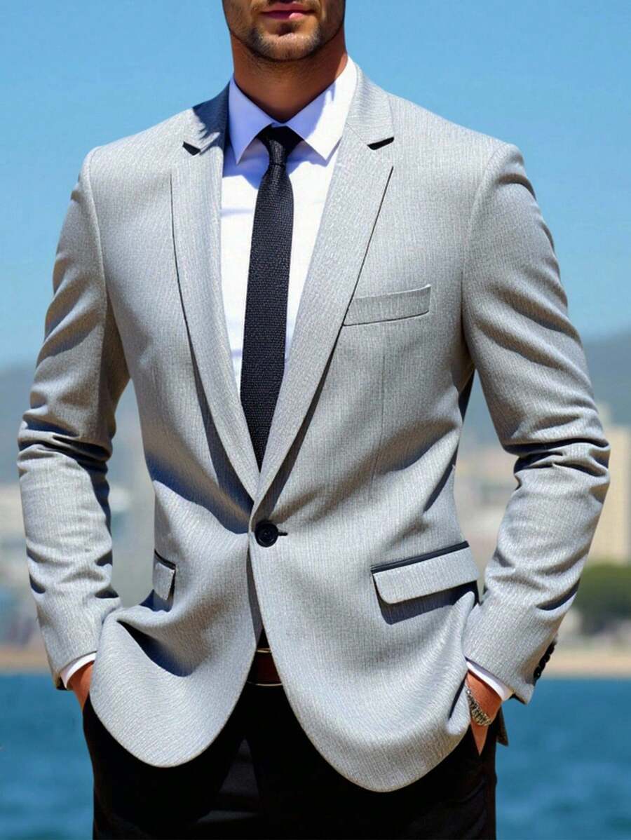 Calvornis 男士纯色单扣休闲商务长袖西装外套 - 淺灰色 - 查看 1