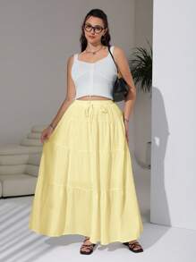 SHEIN EZwear Plus Size Women Solid Color Waist Tie Ruffle Hem Casual Skirt,Back To School - Yellow - View 5