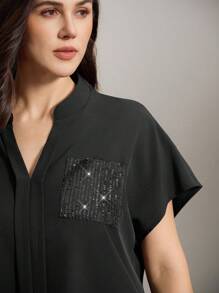 Flouryn 大碼門襟設計拼接亮片襯衫，蝙蝠袖和口袋 - 黑色 - 查看 6