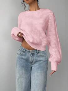 SHEIN BASICS Women's Solid Color Round Neck Loose Casual Sweater In Fall/Winter - Pink - View 3