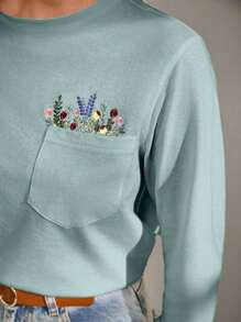 EURMUSE Women T-Shirt With Flower Embroidery, Round Collar, Pocket Details - Mint Green - View 7