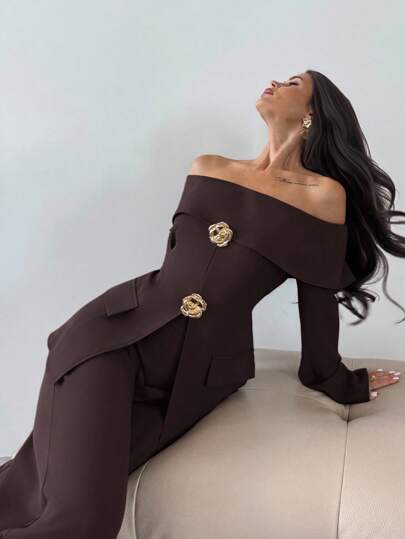 Firerie Women New Autumn And Winter Back Strap Retro Brown One-Shoulder Suit Jacket And Versatile Trousers Suit Two-Piece Suit Sets,Graduation,Teacher Outfits For Women,/Fall Women Clothes/Business Casual Woman/Teacher/Back To School/Old Money/Vintage Clothes Women/Off Shoulder Top And Pants Commuter Suit One Shoulder Suit Office Style Suit  Office Outfits For Women Business Casual Suit