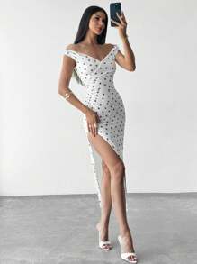 Firerie Damen rüschenbesetztes trägerloses Retro Polka Dot sexy elegantes Maxikleid, Göttin Kleid, Frühlings-/Sommermode, geeignet für Pendeln, Eleganz, Sexiness, Urlaub, Strand, Boho, Hawaii, Musikfestival, Romantik, Date, Party, Hochzeitssaison, Abschlussball, Aufführungsbekleidung, Konzert, Vintage - Schwarz und Weiss - Übersicht 2