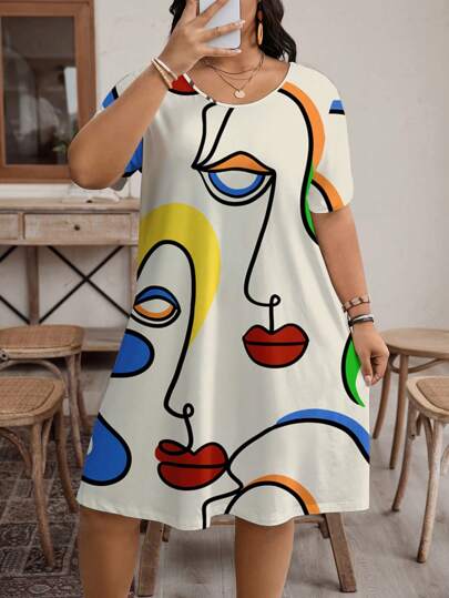 SHEIN LUNE Vestido casual de manga corta cuello redondo con estampado de retrato abstracto, talla grande, verano