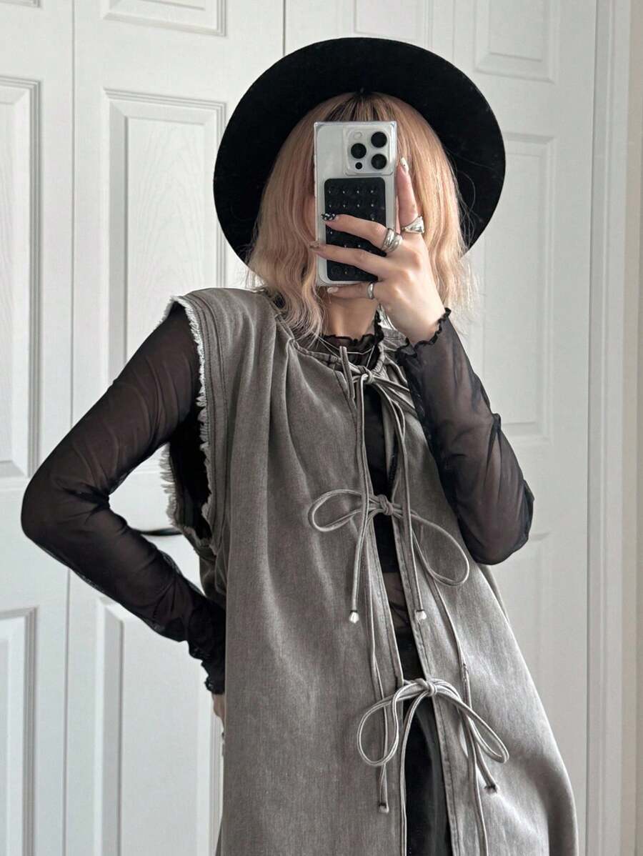 FRIFUL Blouse en denim décontractée et polyvalente pour femmes, avec col et ourlet en forme de nœud, de couleur gris clair, style ample et élégant