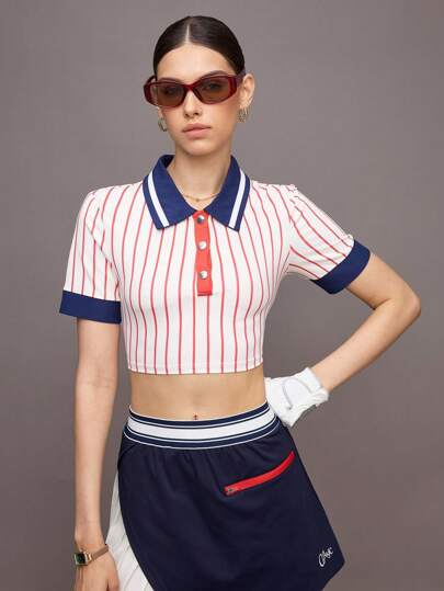 Activina 女士条纹短袖短款修身运动 Polo 衫