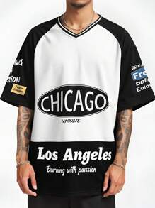 Manfinity Homme Men's Black And White Summer Streetwear City Break T-Shirt,Street Contrast Color V-Neck Raglan Sleeve,Motorcycle Letter Print Boyfriend Gift - Black and White - View 1
