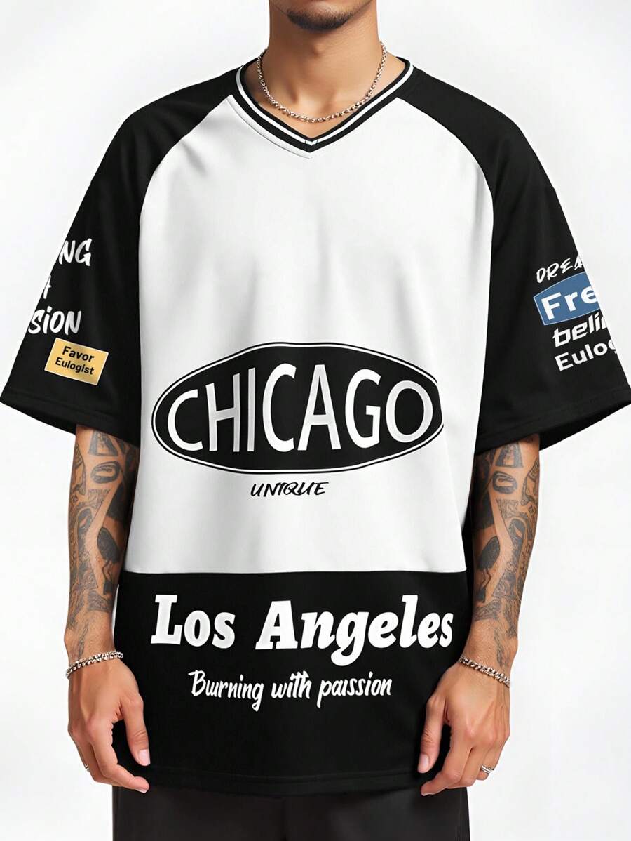 Manfinity Homme Men's Black And White Summer Streetwear City Break T-Shirt,Street Contrast Color V-Neck Raglan Sleeve,Motorcycle Letter Print Boyfriend Gift - Black and White - View 1