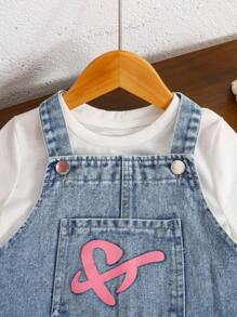 Girls Blue Washed Casual Loose A-Line Denim Dress, Adjustable Shoulder Strap, Sweet Heart & Colorful Floral Print, Versatile & Fashionable For Daily Wear