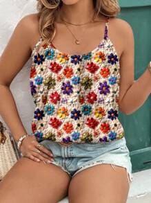SHEIN Clasi طقم توب كاميسول مقاس كبير بطبعة زهور وملمس بارز، كاجوال وأنيق، مناسب للصيف وللخروجات - متعدد الألوان - مشاهدة 3