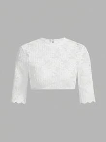 SHEIN Frenchy 女士百搭性感蕾丝啤酒节短上衣（女士）女士蕾丝边短袖上衣、女士纯色简约日常镂空蕾丝边短袖衬衫、啤酒节连衣裙、啤酒节服装、白色上衣、啤酒节、蕾丝短款上衣白色短款上衣女装夏季短款上衣女装