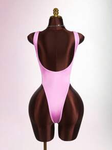 Amplova Glossy Material Sexy Low-Cut Women's  Pink Bodysuit - Pink - View 8