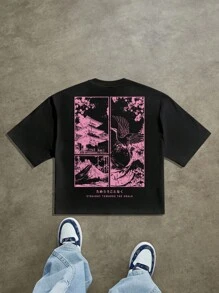 Manfinity Roghcode 男士休闲日式印花宽松短袖T恤，夏季 - 玫紅色 - 查看 1