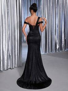 Glamrae Elegante Top de satén con bordado de lentejuelas negras Luxurious con diseño Asymde A metric metric, vestido de noche sexy con abertura en el bajo y abertura para mujer