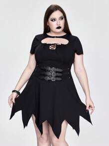 ROMWE Robe d'été pour femmes grandes tailles, col chauve-souris gothique, ourlet asymétrique ajouré - Noir - Voir 8