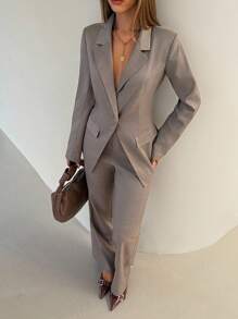 Aloruh Women's Solid Color Lapel NeckLong Sleeve Jacket And Pants Casual Suit Set,Work Outfits For Women In Fall/Winter - Camel - View 7