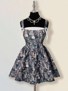 SHEIN ICON Robe camisole de mode à jacquard floral avec nœud devant et froncée