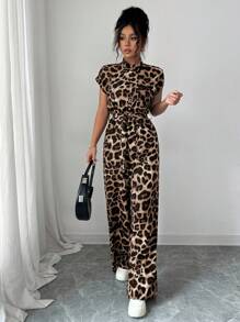 Women's Elegant Stand Collar Open Front Short Sleeve Waist Flared Leg Jumpsuit Clothes For University - Khaki - View 5