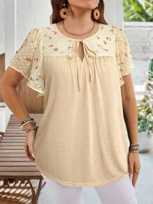 EMERY ROSE Plus Size Women Floral Print Tie Neck Ruffle Sleeve Dressy Blouse