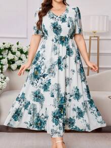 Modelyn 大码花卉印花喇叭袖雪纺连衣裙 - 綠色 - 查看 5