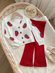 SHEIN Baby Girl Casual Everyday Cute Christmas Party Strawberry Pattern Drop Shoulder Loose Cardigan And Flare Knit Pants Set, Autumn/Winter - White - View 5