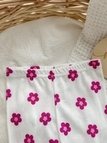 4pcs/Set Baby Girl Floral Pattern Ruffle Trim Short Sleeve Pajamas & Solid Loungewear Set, Comfortable Sleepwear Graphic