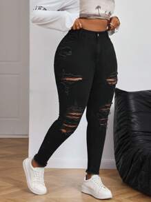 SHEIN CURVE+ Quần Jeans Ôm Vừa Cỡ Lớn Đa Năng Màu Trơn Co Giãn - màu đen - Xem 6