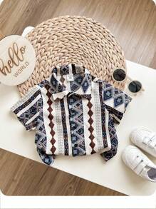 Baby Boy Casual Traditional Patterned Turn-Down Collar Short-Sleeve Cardigan - Multicolor - View 1