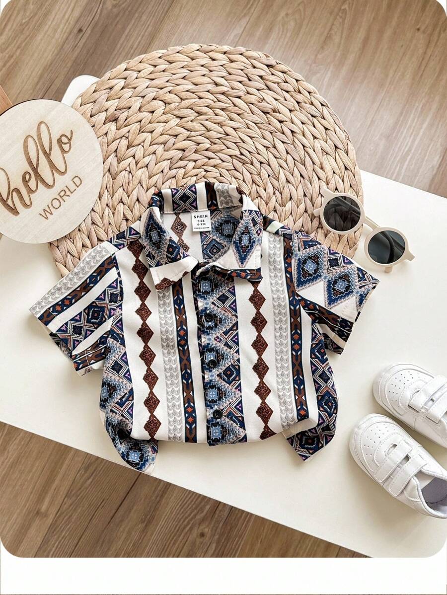 Baby Boy Casual Traditional Patterned Turn-Down Collar Short-Sleeve Cardigan - Multicolor - View 1