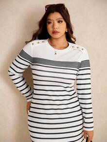 Elaquor Robe décontractée à manches longues, col rond, rayée, avec boutons, pour femmes grandes tailles - Noir et Blanc - Voir 5