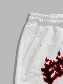 ROMWE MEN Street Life Men's Casual Sparkling Rhinestone Letter Embroidered Shorts, Summer - White - View 4