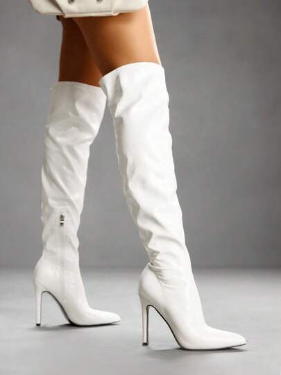 CUCCOO SZL Women's White Embossed Pointed Toe Super High Stilettos, Sexy Club Party Over-The-Knee Long Boots For Christmas