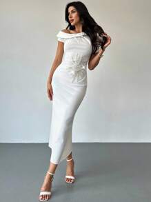 Firerie فستان أبيض كاجوال أنيق للنساء، مزين بالترتر، كتف مكشوف غير متماثل/ملابس نسائية للخريف/ملابس للذهاب إلى العمل/ملابس المعلمات/ملابس للعودة إلى المدرسة/ملابس الطبقة المتوسطة/ملابس كاجوال للعمل/ملابس مكتبية للنساء/ملابس للحفلات البيضاء - الأزرق - مشاهدة 5