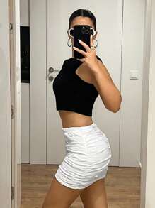 SHEIN ICON Sexy White Ruched Bodycon Mini Skirt - White - View 4