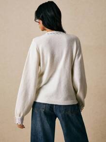 Poéselle Cárdigan casual de mujer de manga larga con contraste de encaje y abotonadura sencilla, ropa de otoño e invierno para mujeres - Blanco - Ver 2