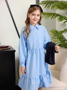 Tween-Mädchen Einfarbiges Set aus langärmligem Kleid mit Rüschensaum und einreihiger Weste - Blau - Übersicht 6