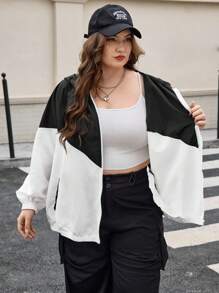 SHEIN CURVE+ Curves 大码/学校服装/返校服装/返校大码女式双色拼接连帽夹克，带口袋，女式运动服，女式慢跑服，两件套休闲套装，女式现代服装，大码运动服，女式秋季服装，女式秋季服装，冬季，CURVE PLUS - 黑與白 - 查看 9