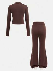 SHEIN Serisse Kids Bộ 2 món áo thun tay dài màu nâu cà phê trơn đơn giản và quần ống loe cho bé gái tuổi teen, phù hợp mặc hàng ngày vào mùa thu/đông - Cà phê nâu - Xem 3