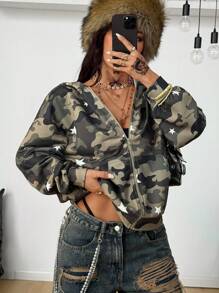 Coolane Women's Fall/Winter Fashion Streetwear Going Out Casual  Homecoming Camo Print Loose Long Sleeve Zip Up Hooded Sweatshirt Jacket - Multicolor - View 5