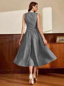 Vintamour Conjunto de traje de mujer vintage clásico y elegante con Top tipo chaleco, falda acampanada con bolsillos - Gris - Ver 2