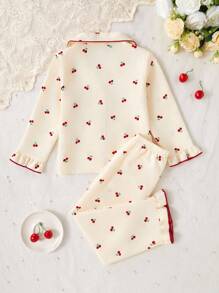 两件套可爱甜美樱桃印花长袖开衫和长裤，休闲舒适少女家居服樱桃睡衣套装，秋冬款 - 杏色 - 查看 2