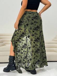 SHEIN EZwear 大码女式植绒绿色休闲裙，返校不对称设计大码半身裙，时尚个性化裙子